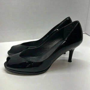 Stuart Weitzman Heels High Heel Pumps Shoe Peep Toe Shiny Patent Leather Black 8